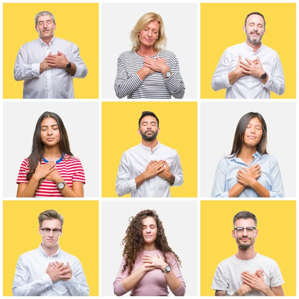 Kolaż Grupa Ludzi Młodych Starszych Żółty Białym Tle Uśmiechnięty Ręce — Zdjęcie stockowe