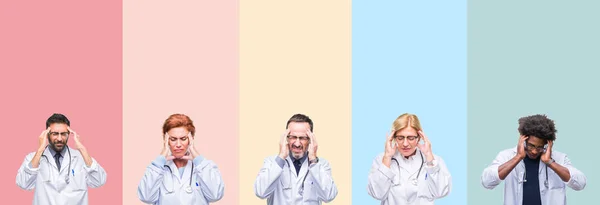 Collage Professional Doctors Colorful Stripes Isolated Background Hand Head Pain — Stock Photo, Image