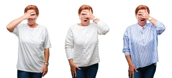 Collage Middle Age Senior Woman White Isolated Background Peeking Shock — Stock Photo, Image