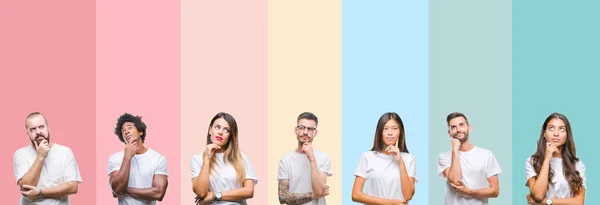 Collage Van Verschillende Etniciteit Jongeren Dragen Witte Shirt Kleurrijke Geïsoleerd — Stockfoto