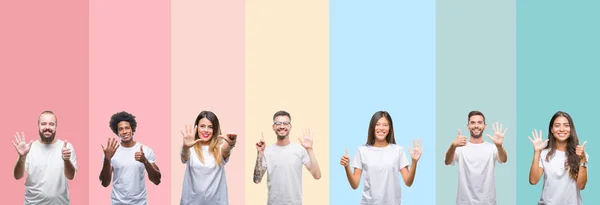 Collage Olika Etnisk Unga Människor Bär Vit Shirt Över Färgglada — Stockfoto