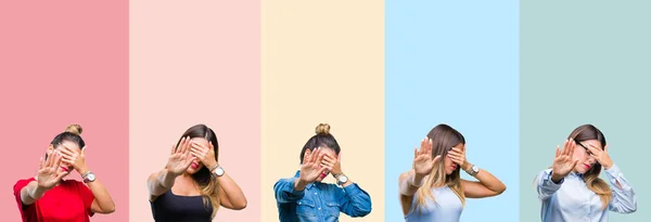 Collage Mujer Hermosa Joven Sobre Rayas Colores Fondo Aislado Cubriendo —  Fotos de Stock