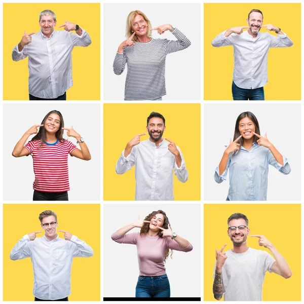 Collage Grupo Jóvenes Personas Mayores Sobre Fondo Aislado Amarillo Sonriendo — Foto de Stock