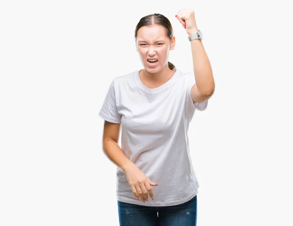 Jovem Bela Mulher Caucasiana Sobre Fundo Isolado Irritado Louco Levantando — Fotografia de Stock