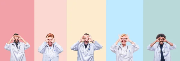 Kolaż Zawodowych Lekarzy Nad Kolorowe Paski Białym Tle Robi Gest — Zdjęcie stockowe