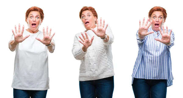 Collage Van Middelbare Leeftijd Senior Vrouw Witte Geïsoleerde Achtergrond Bang — Stockfoto