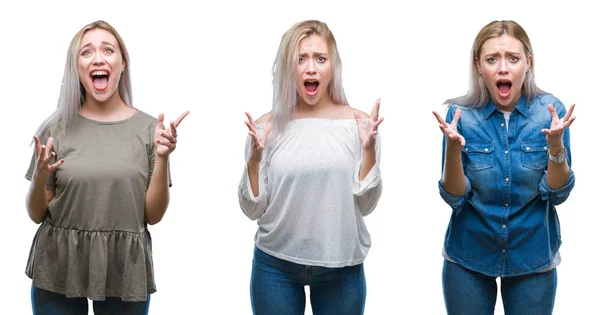 Collage Einer Schönen Blonden Jungen Frau Vor Isoliertem Hintergrund Verrückt — Stockfoto