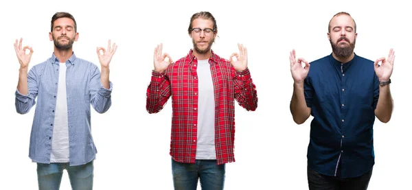 Collage Gruppo Giovani Sfondo Bianco Isolato Rilassarsi Sorridere Con Gli — Foto Stock