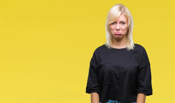 Genç Güzel Sarışın Kadın Izole Arka Plan Yüzünden Depresyona Kızgın — Stok fotoğraf