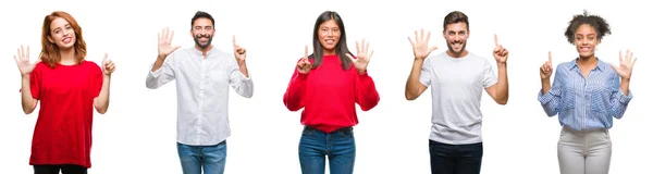 在孤立的背景下 中国人 印度人 西班牙裔的人拼贴画 一边用手指指着六 一边微笑着自信和快乐 — 图库照片