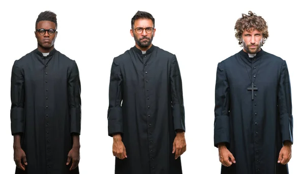 Collage Hombres Sacerdotes Cristianos Sobre Fondo Aislado Escéptico Nervioso Frunciendo —  Fotos de Stock