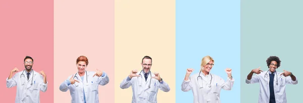 Collage Professional Doctors Colorful Stripes Isolated Background Looking Confident Smile — Stock Photo, Image