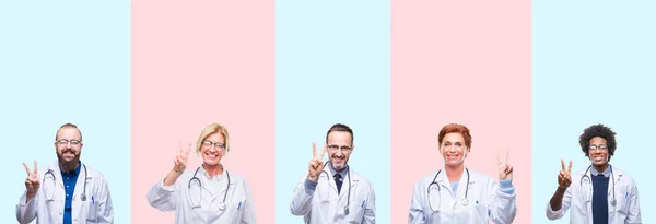 グループの専門家医師を医療の制服を着てのコラージュ分離を示す背景と自信を持って 幸せな笑みを浮かべている間 つ番号を指で上向き — ストック写真