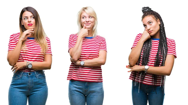 Collage Young Women Wearing Stripes Shirt Isolated Background Hand Chin — Stock Photo, Image