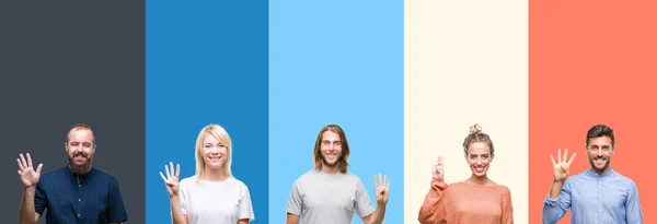 Collage Casual Ungdomar Över Färgglada Ränder Isolerade Bakgrund Visar Och — Stockfoto