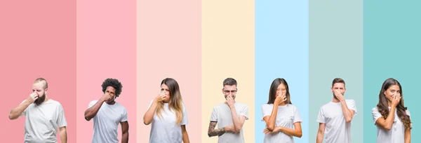 Collage Diferentes Etnias Jóvenes Con Camiseta Blanca Sobre Fondo Aislado — Foto de Stock