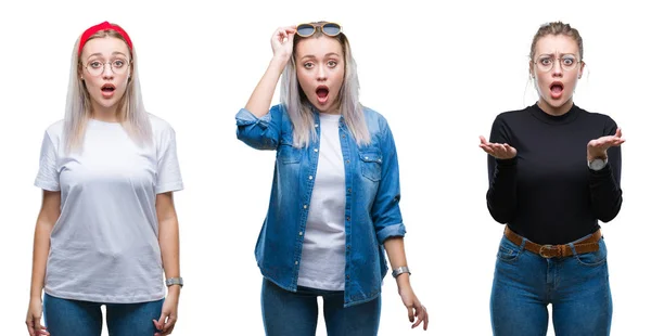 Collage Hermosa Rubia Joven Con Gafas Sobre Fondo Aislado Asustado — Foto de Stock