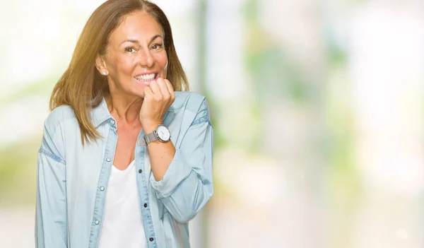 Middle Age Adult Woman Wearing Casual Denim Shirt Isolated Background — Stock Photo, Image