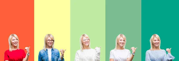 Collage Van Mooie Blonde Vrouw Levendige Vintage Geïsoleerde Achtergrond Glimlachend — Stockfoto