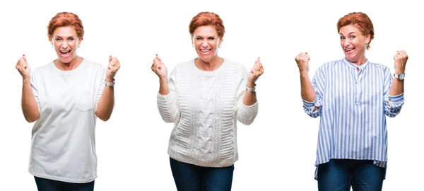 Collage Mujer Mayor Mediana Edad Sobre Fondo Blanco Aislado Celebrando — Foto de Stock