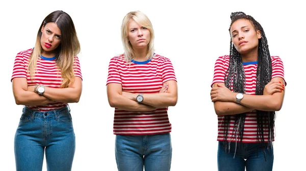 Collage Mujeres Jóvenes Con Camisetas Rayas Sobre Fondo Aislado Escéptico — Foto de Stock