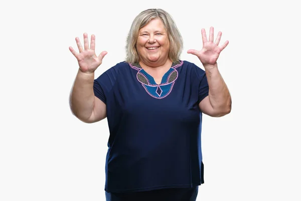 Senior Size Kaukasierin Über Isoliertem Hintergrund Die Mit Finger Nummer — Stockfoto