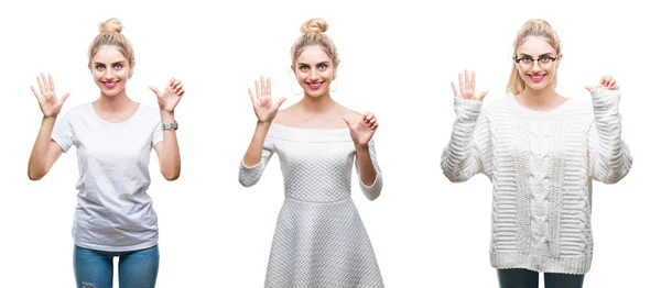 Collage Van Jonge Mooie Blonde Vrouw Witte Geïsoleerde Achtergrond Weergeven — Stockfoto