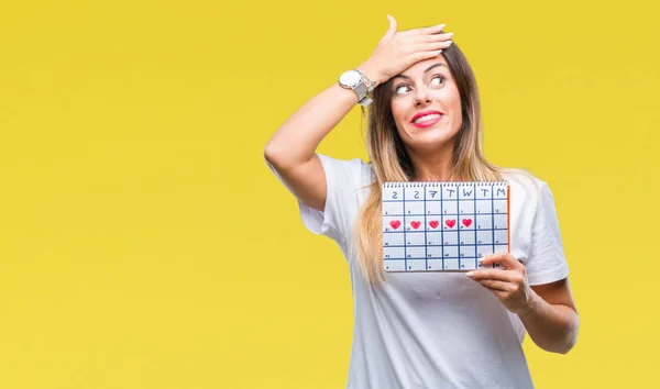 Jonge Mooie Vrouw Houdt Van Menstruatie Kalender Geïsoleerde Achtergrond Benadrukt — Stockfoto