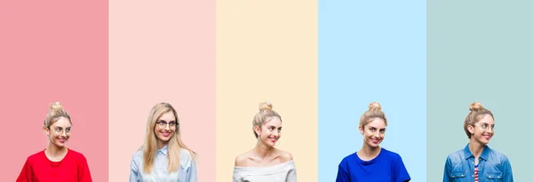 Collage Van Mooie Blonde Vrouw Kleurrijke Strepen Geïsoleerd Achtergrond Zoek — Stockfoto