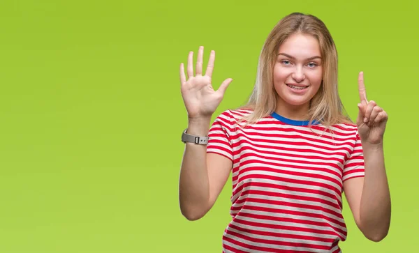 Молодая Белая Женщина Изолированном Фоне Показывает Показывает Пальцами Номер Шесть — стоковое фото
