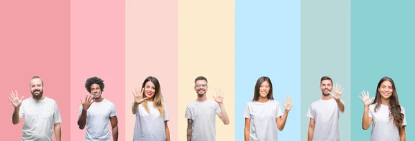 Collage Different Ethnics Young People Wearing White Shirt Colorful Isolated — Stock Photo, Image