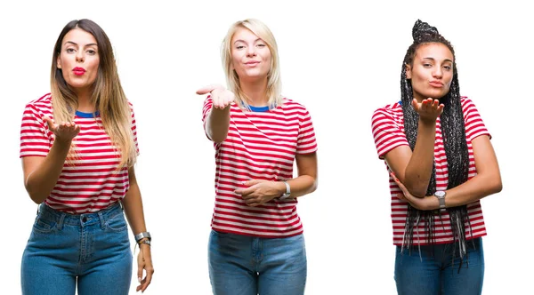 Collage Young Women Wearing Stripes Shirt Isolated Background Looking Camera — Stock Photo, Image