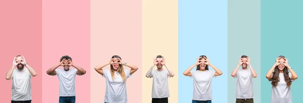 Colagem Diferentes Etnias Jovens Vestindo Shirt Branca Sobre Fundo Colorido — Fotografia de Stock