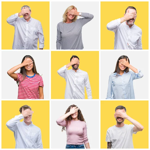 Collage Van Groep Jonge Senior Mensen Gele Geïsoleerde Achtergrond Glimlachen — Stockfoto