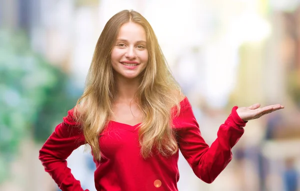 Młody Piękny Blond Kobieta Swetrze Czerwony Białym Tle Tło Uśmiechający — Zdjęcie stockowe