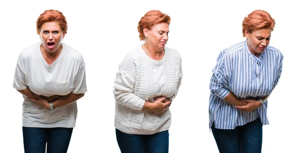 中年老年妇女的拼贴画过白色孤立的背景与手在胃部因恶心 疼痛的疾病而感到不适 Ache — 图库照片