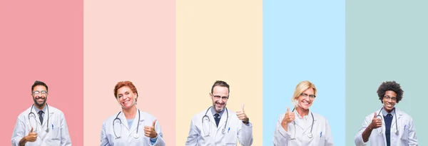 Колаж Професійних Лікарів Над Різнокольоровими Смугами Ізольованого Фону Робить Щасливі — стокове фото