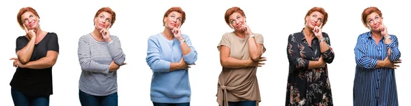 Collage Mujer Mayor Mediana Edad Sobre Fondo Blanco Aislado Con — Foto de Stock