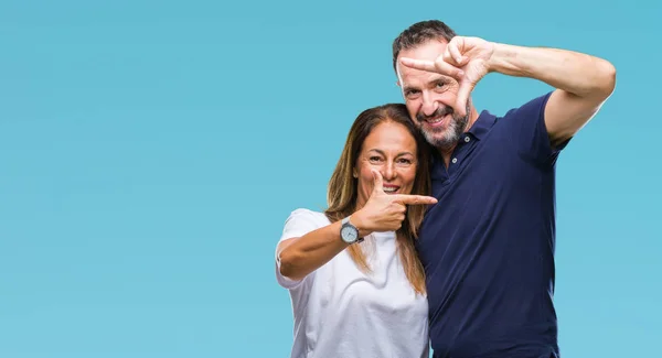 Middle Age Hispanic Casual Couple Isolated Background Smiling Making Frame — Stock Photo, Image