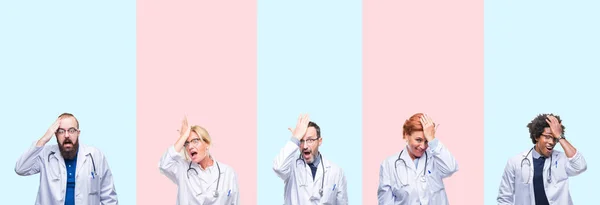 Collage Group Professionals Doctors Wearing Medical Uniform Isolated Background Surprised — Stock Photo, Image