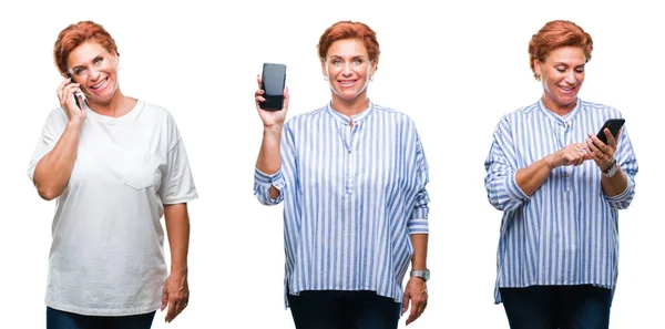 Collage Mujer Mayor Mediana Edad Usando Teléfono Inteligente Sobre Fondo —  Fotos de Stock