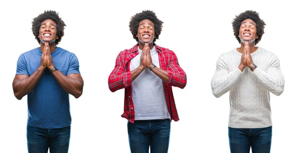両手一緒に自信を持って笑って許しを求めて祈って分離の背景の上のアフリカ系アメリカ人の若いハンサムな男のコラージュ — ストック写真