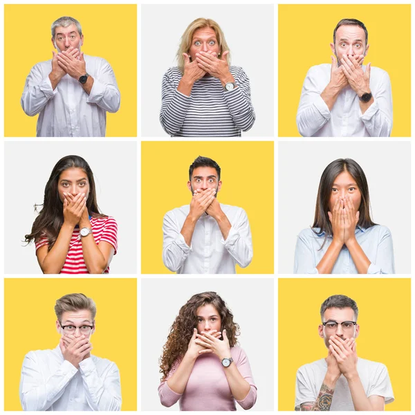 Collage Van Groep Jonge Senior Mensen Gele Geïsoleerde Achtergrond Geschokt — Stockfoto