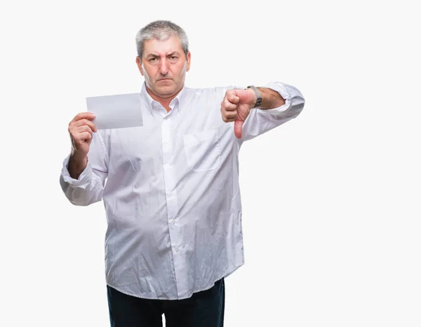 Bello Uomo Anziano Possesso Carta Bianca Sfondo Isolato Con Faccia — Foto Stock