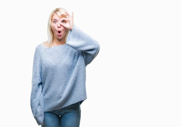 Jovem Bela Mulher Loira Vestindo Camisola Inverno Sobre Fundo Isolado — Fotografia de Stock