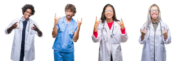 Collage Grupo Médicos Enfermeras Cirujanos Sobre Fondo Aislado Gritando Con — Foto de Stock