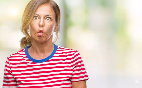 Middle Age Senior Hispanic Woman Isolated Background Making Fish Face — Stock Photo, Image