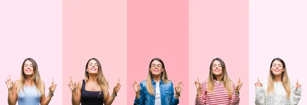 ピンクのストライプ分離背景希望と目を閉じて交差指を笑顔に若くてきれいな女性のコラージュ 運と迷信的な概念 — ストック写真