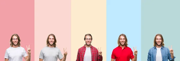 Collage Ung Stilig Man Över Färgglada Ränder Isolerade Bakgrund Visar — Stockfoto