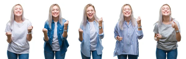 Kolaż Piękna Blondynka Młoda Kobieta Białym Tle Bardzo Szczęśliwy Podekscytowany — Zdjęcie stockowe